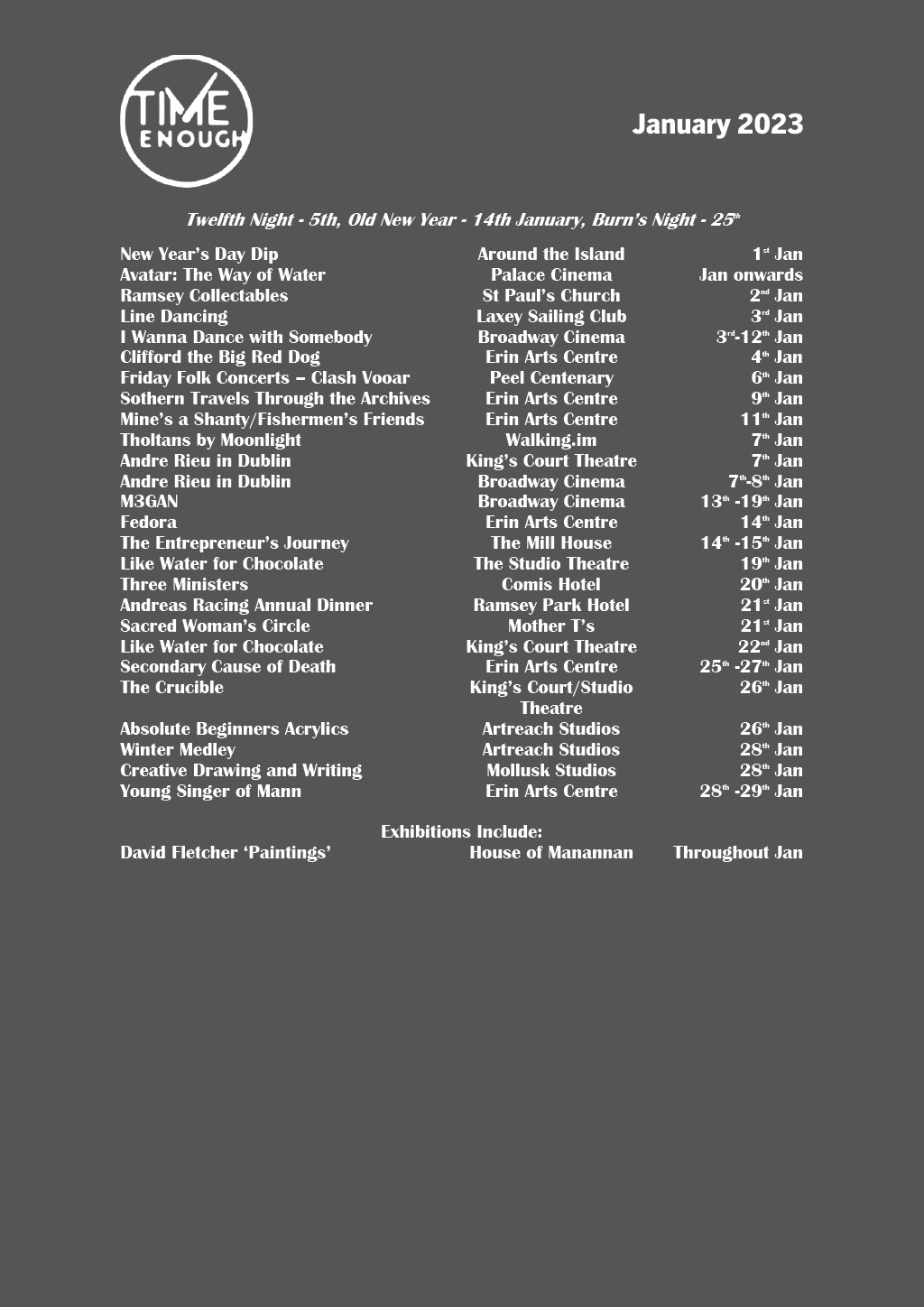 January 2023 Events Time Enough / Traadyliooar