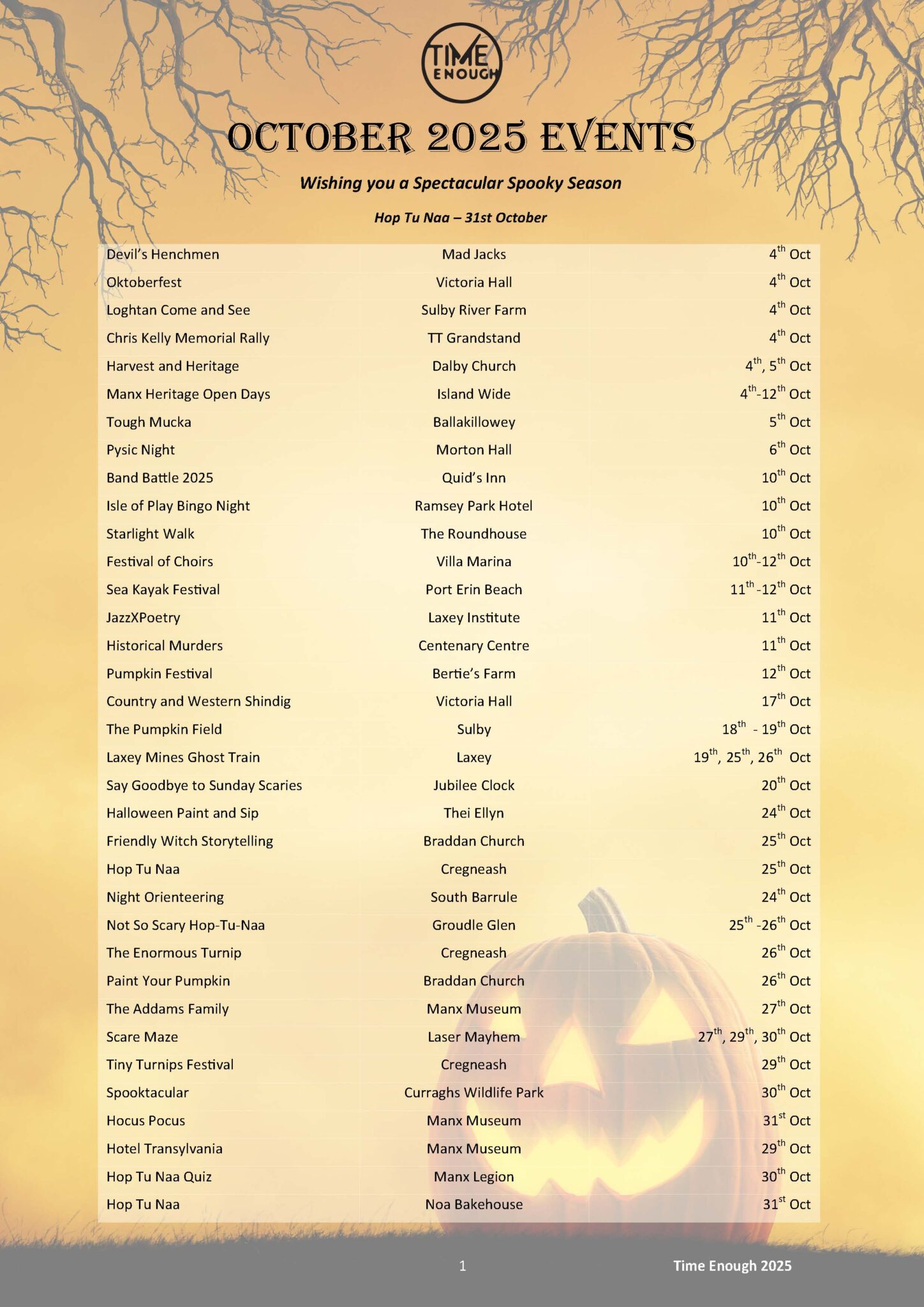 October 2025 Events Time Enough Traa Dy Liooar